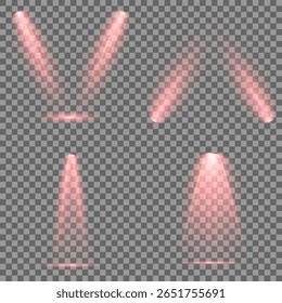 Red glowing stage light ray isolated on empty transparent background. Vector Set of Isolated Spotlight and Studio Lighting for Your Designs in Shades of red. Spotlight effect illuminated illustration.