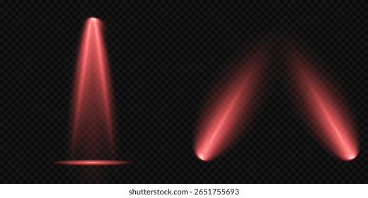 Raio de luz de estágio vermelho brilhante isolado em fundo transparente vazio. Conjunto vetorial de holofote isolado e iluminação de estúdio para seus designs em tons de vermelho. Ilustração iluminada do efeito de destaque.