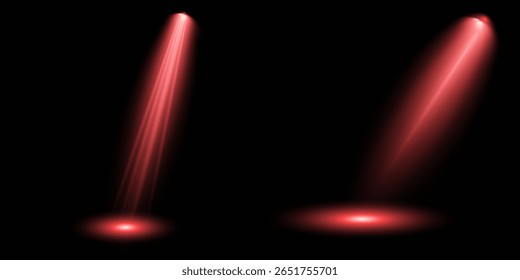 Raio de luz de estágio vermelho brilhante isolado em fundo transparente vazio. Conjunto vetorial de holofote isolado e iluminação de estúdio para seus designs em tons de vermelho. Ilustração iluminada do efeito de destaque.