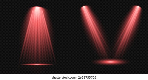 Raio de luz de estágio vermelho brilhante isolado em fundo transparente vazio. Conjunto vetorial de holofote isolado e iluminação de estúdio para seus designs em tons de vermelho. Ilustração iluminada do efeito de destaque.