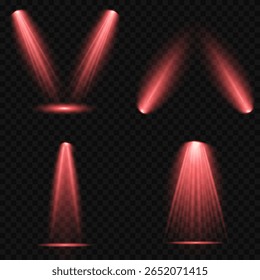 Red glowing stage light ray isolated on empty transparent background. Vector Set of Isolated Spotlight and Studio Lighting for Your Designs in Shades of red. Spotlight effect illuminated illustration.