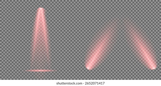 Raio de luz de estágio vermelho brilhante isolado em fundo transparente vazio. Conjunto vetorial de holofote isolado e iluminação de estúdio para seus designs em tons de vermelho. Ilustração iluminada do efeito de destaque.