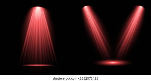 Raio de luz de estágio vermelho brilhante isolado em fundo transparente vazio. Conjunto vetorial de holofote isolado e iluminação de estúdio para seus designs em tons de vermelho. Ilustração iluminada do efeito de destaque.
