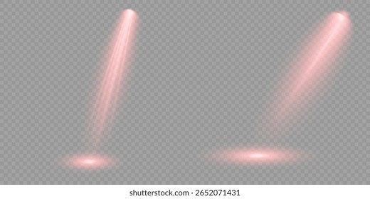 Raio de luz de estágio vermelho brilhante isolado em fundo transparente vazio. Conjunto vetorial de holofote isolado e iluminação de estúdio para seus designs em tons de vermelho. Ilustração iluminada do efeito de destaque.