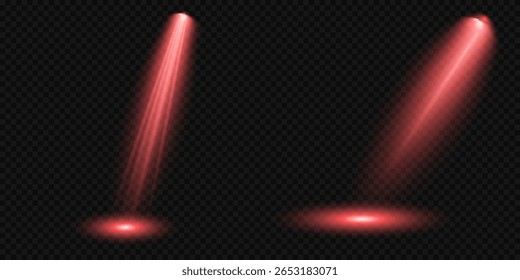 Red glowing stage light ray isolated on empty transparent background. Vector Set of Isolated Spotlight and Studio Lighting for Your Designs in Shades of red. Spotlight effect illuminated illustration.