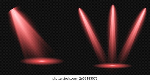 Red glowing stage light ray isolated on empty transparent background. Vector Set of Isolated Spotlight and Studio Lighting for Your Designs in Shades of red. Spotlight effect illuminated illustration.