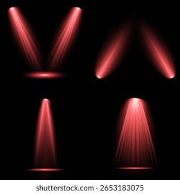 Red glowing stage light ray isolated on empty transparent background. Vector Set of Isolated Spotlight and Studio Lighting for Your Designs in Shades of red. Spotlight effect illuminated illustration.