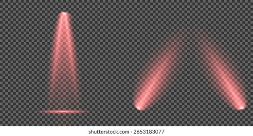 Red glowing stage light ray isolated on empty transparent background. Vector Set of Isolated Spotlight and Studio Lighting for Your Designs in Shades of red. Spotlight effect illuminated illustration.