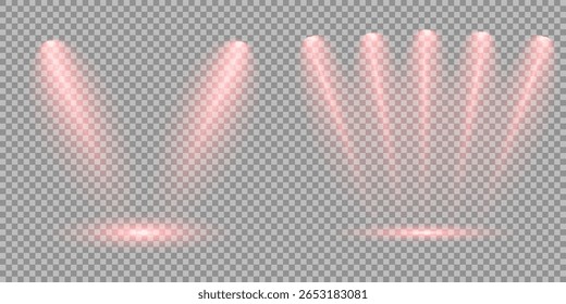 Red glowing stage light ray isolated on empty transparent background. Vector Set of Isolated Spotlight and Studio Lighting for Your Designs in Shades of red. Spotlight effect illuminated illustration.