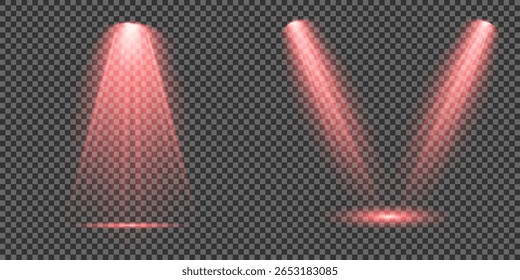 Red glowing stage light ray isolated on empty transparent background. Vector Set of Isolated Spotlight and Studio Lighting for Your Designs in Shades of red. Spotlight effect illuminated illustration.