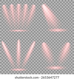 Raio de luz de estágio vermelho brilhante isolado em fundo transparente vazio. Conjunto vetorial de holofote isolado e iluminação de estúdio para seus designs em tons de vermelho. Ilustração iluminada do efeito de destaque.