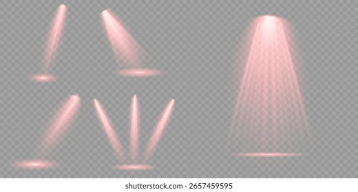 Rayo de luz de etapa brillante rojo aislado sobre fondo transparente vacío. Conjunto de Vector de foco aislado e iluminación de estudio para sus Diseños en tonos de rojo. Ilustración iluminada del efecto del proyector.