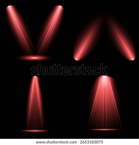 Red glowing stage light ray isolated on empty transparent background. Vector Set of Isolated Spotlight and Studio Lighting for Your Designs in Shades of red. Spotlight effect illuminated illustration.