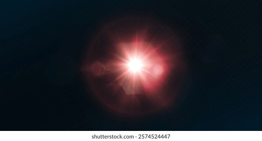 Red glowing star burst light effect. Lens reflection light flare. Glow effect. Star bursts with shimmering glitter. Beautiful shimmering glare light effect. Vector 10 EPS