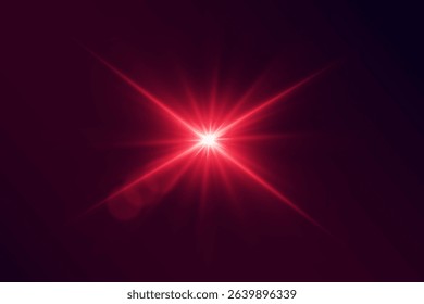 Red glowing star light with rays and glare effect.