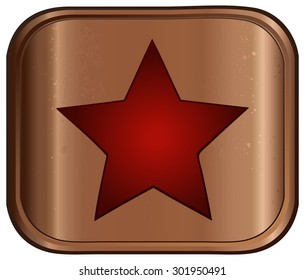 Red Glowing Star on a Brass Glossy Plate, Vector Illustration. 
