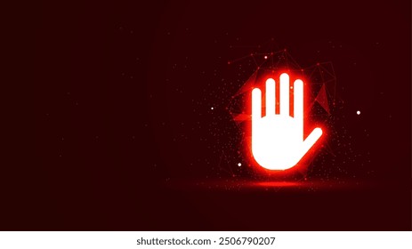 Red glowing stop hand sign with plexus lines and glitter particles. A prohibition symbol in the neon light style. 3D abstract low poly copy space in the dark background