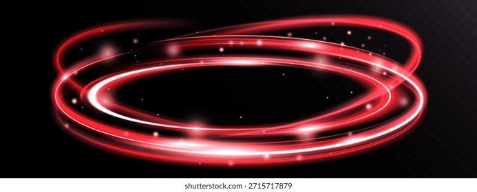Anéis de luz de vórtice vermelho brilhante com partículas cintilantes e movimento circular suave, efeito de energia abstrata dinâmica no fundo escuro.