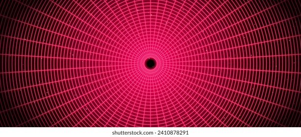 Red glowing wireframe tunnel. Neon wormhole in dark space. Grid tunnel in perspective. Funnel or portal illusion. Circular mesh structure tube. Vector optical illusion art