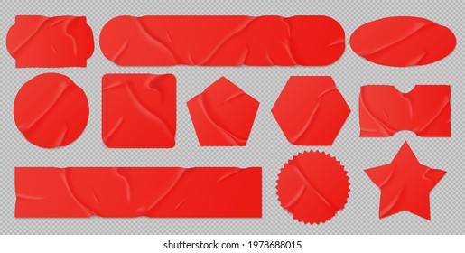 Red glued stickers or crumpled paper patches mockup. Blank shrunken labels of different shapes round, square, star, stripe and rectangle wrinkled emblems with curve edges, Realistic 3d vector set