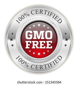 Red gmo free badge with silver border on white background