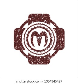 Red goat head icon inside distressed rubber seal with grunge texture