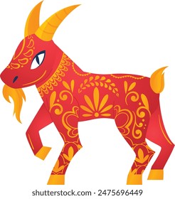 Red goat intricate golden patterns, horns beard. Farm animal colorful art folkinspired decorative design. Isolated white background