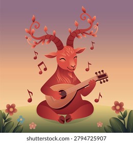 Red goat playing the mandolin