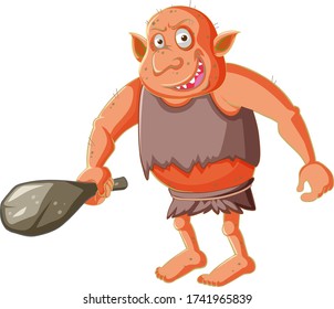 Red goblin or troll holding hunting tool in cartoon character isolated illustration