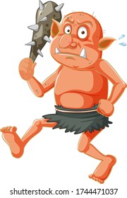 Red goblin or troll holding hunting tool in cartoon character isolated illustration