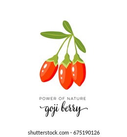 Red goji berry flat icon with inscription colorful vector illustration of eco food isolated on white. 