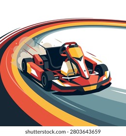 A red go-kart speeding around a curved racing track with motion blur