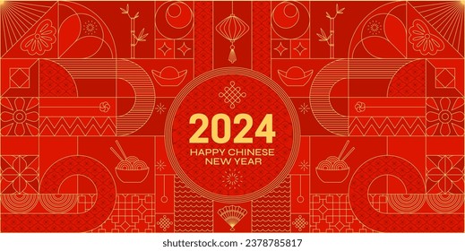 Red gold 2024 Chinese Dragon Lunar New Year card. Modern geometrical traditional decoration. Flat vector ornamental design for calendar, invitation and social media. Holiday background.