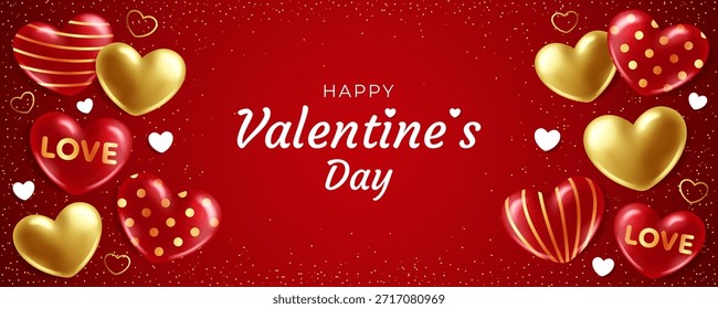 Corazones 3D rojos y dorados sobre un fondo rojo con destellos y brillo. Feliz día de San Valentín. Anuncio Horizontal con texto en el centro. Ilustración vectorial.