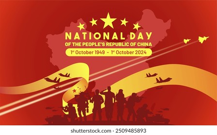 Red gold 75th Anniversary of Poeple’s Republic of China National Day 2024 banner with 75 logo and military power illustration. China national day 2024 background, banner, poster, template.