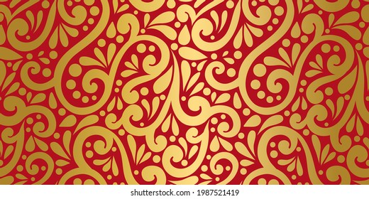 Patrón ininterrumpido de color rojo y oro abstracto. Plantilla de ornamento vectorial vintage. Elementos Paisley. Excelente para tela, invitación, fondo, fondo de pantalla, decoración, embalaje o cualquier idea deseada.