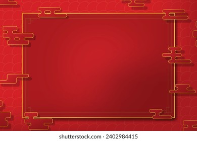 Red and Gold Asian design background with geometric clouds and East Asian background pattern with big copy space. Simple East Asian paper cut out template layout. Vector Illustration. EPS 10