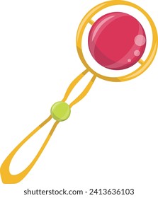 Red and gold baby rattle toy illustration. Cartoon style infant rattle clipart. Newborn accessory vector illustration.