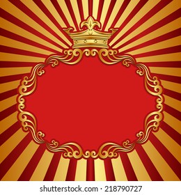 red and gold background with decorative frame and crown 