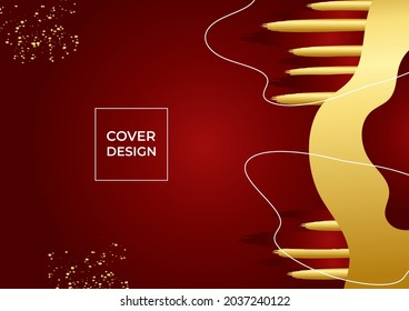 Red and gold background design with abstract geometric shapes, brush element, wavy decoration. Vector illustration for poster, cover, presentation background and more