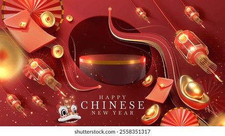 Red and gold background, elegant scene design idea for Chinese New Year and traditional elements for the holiday, poster template for Year of the Snake.