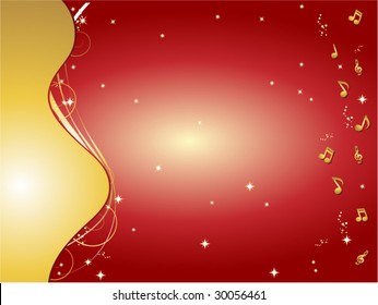 Red and gold background with music notes and ornaments