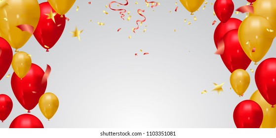 Red And Gold Balloons, Confetti And Streamers