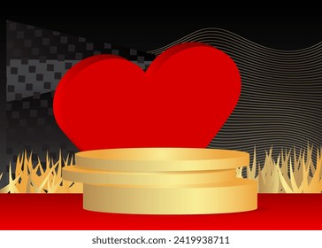 Red, gold and black mockup product display with hearts. Valentine's Day cylinder pedestal podium. Stage showcase for presentation. Minimal geometric forms.