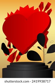 Red, gold and black mockup product display with hearts. Valentine's Day cylinder pedestal podium. Stage showcase for presentation. Minimal geometric forms.
