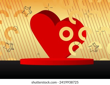 Red, gold and black mockup product display with hearts. Valentine's Day cylinder pedestal podium. Stage showcase for presentation. Minimal geometric forms.