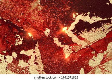 Red, gold and black pattern with texture of geode and sparkles. Abstract vector background in alcohol ink technique. Modern paint with glitter. Template for banner, poster design. Fluid art painting