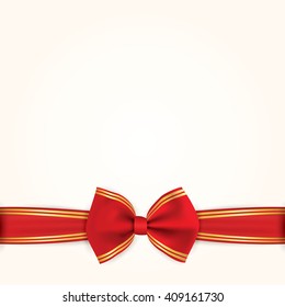 Red Gold Bow And Ribbon. Background Holiday Illustration. Decoration Element For Design