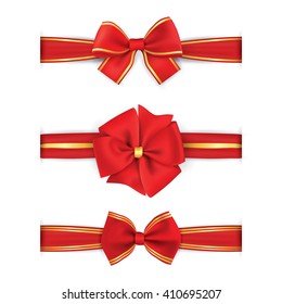 Red Gold Bow And Ribbon. Vector Holiday Illustration. Decoration Element For Design