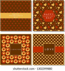 Red Gold Brown Heart Cards. Card invitations for Valentine's day. Retro cards. Brown background. 